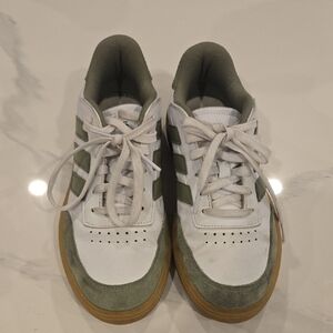 adidas White and Olive Green Sneakers with Gum Sole